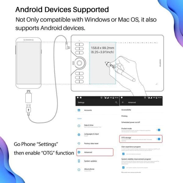 Huion HS610 Graphics Ritplatta Android-enheter som stöds Tilt-enheter