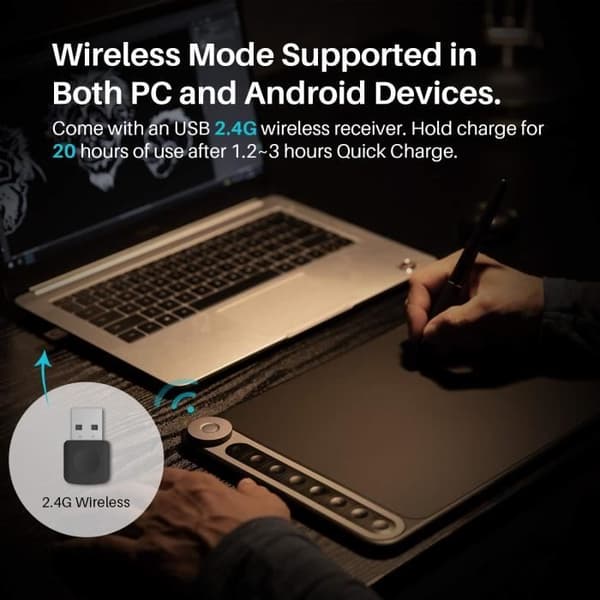 HUION Q620M grafikplatta i trådbundet och trådlöst läge med 8192 penna tryckkänslighet, stöd ±60 lutning