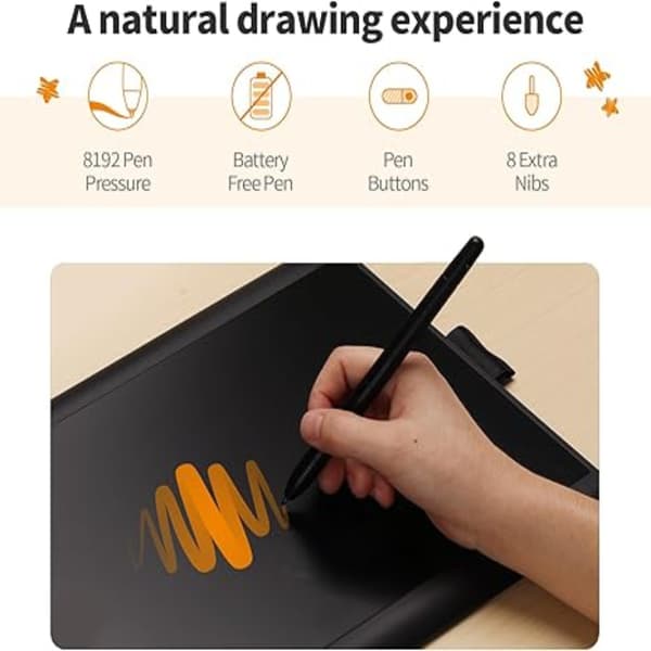 Grafiktablet, 8192 niveauer af trykfølsomhed, tilpasselige genvejstaster, batterifri stylus