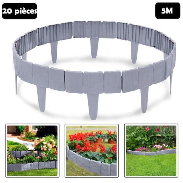 LZQ Paket med 10 Gräsmattor, Trädgårdskanter, Gräsmatta Parterre, Trädgårdskanter i plast - för trädgård - Grå - 2,5 m