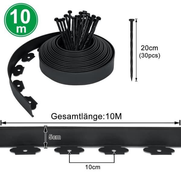 Smidig gräsmattekant i plast - XMTECH - 40M - Svart - Hög kvalitet - 5 cm hög