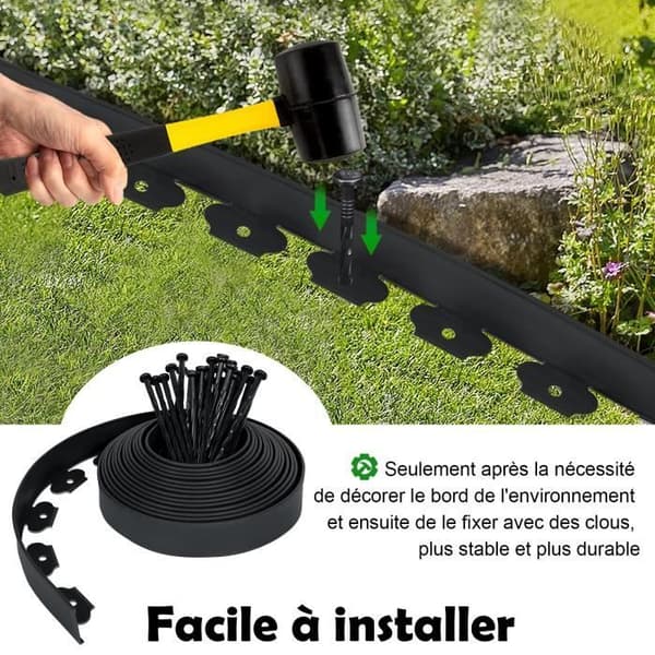 LZQ Gräsmattekant, Trädgårdskant, Gräsmatta Parterre, Flexibel trädgårdskant i plast med pålar - Svart - 20 m