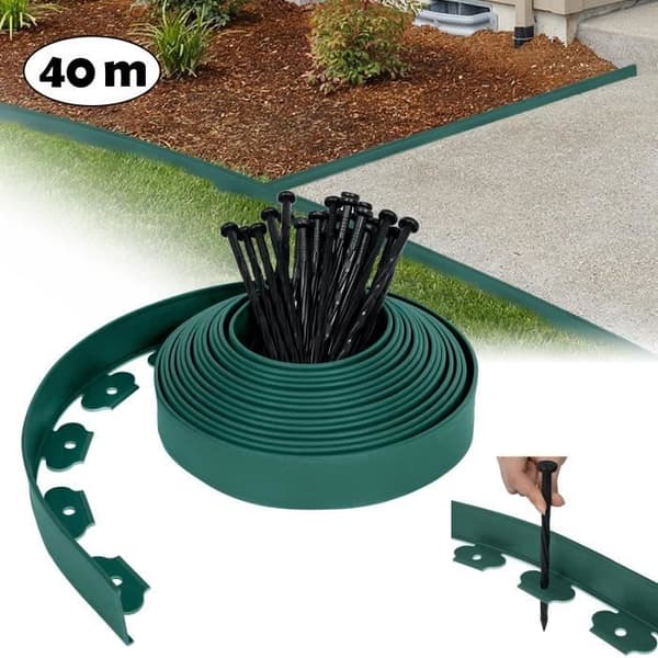 LZQ Gräsmattkant, Trädgårdskant, Gräsmatta Parterre, Flexibel trädgårdskant i plast med pålar - Grön - 40 m