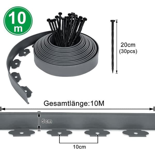 YUENFONG flexibel blomsterbäddskant i plast med 90 ankare, grå, längd: 10m
