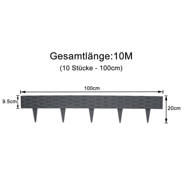YUENFONG Trädgårdskant 10 m Gräsmatta Rattan Look Staket Palisade, element vardera 100 cm x 20 cm hög, antracit