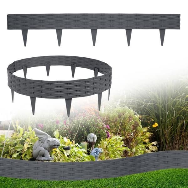 YUENFONG Trädgårdskant 5m Gräsmatta Rattan Look Palisade staket 5 element, antracit