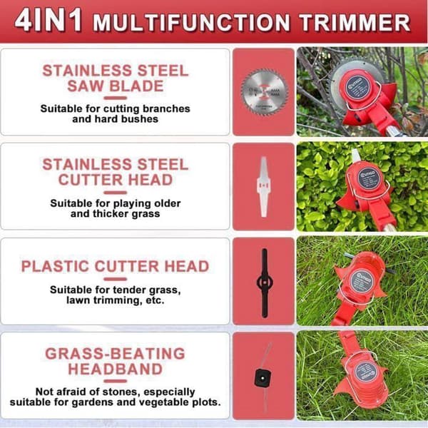 OUTIGO Trimmer med trådlös elektrisk gräsklippare, gräsklippartrimmer med 2 batterier och 4 typer av blad, justerbart handtag