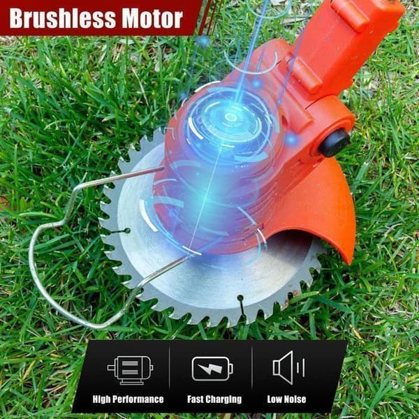 OUTIGO Trimmer med trådlös elektrisk gräsklippare, gräsklippartrimmer med 2 batterier och 4 typer av blad, justerbart handtag