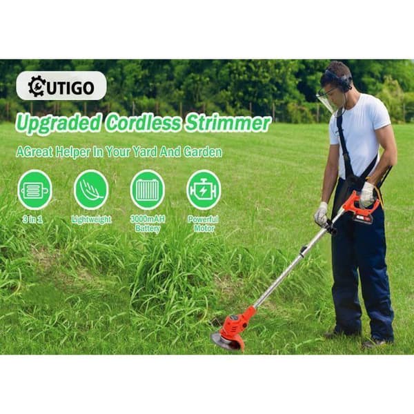 Justerbar sladdlös strängtrimmer, 21 V, elektrisk gräsklippare, 2 batterier och 4 knivar. Teleskopstång, justerbar vinkel