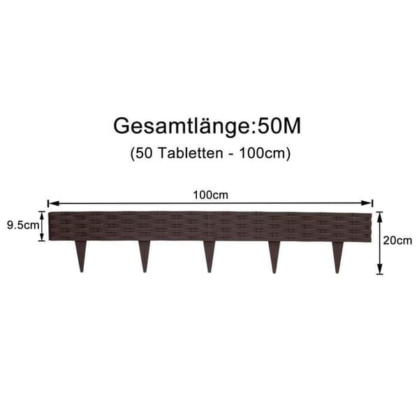LARS360 50-pack rottinglook gräsmatta med 50 element 100 cm rotting design trädgårdssäng kant brun