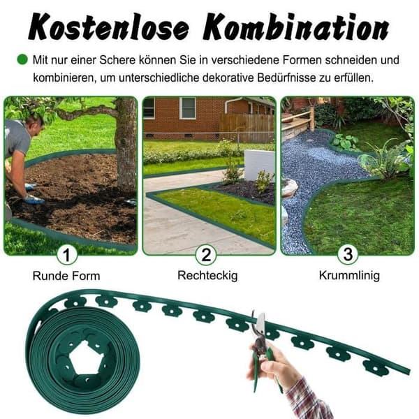 LARS360 flexibla plastgräskanter - Längd 10m - Höjd 50mm - 30 säkerhetspinnar - Grön