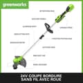 Miniatyrbild 2 av 4: Greenworks 24V Trädgårdstrimmer Utan Sladd med Hjul för Medelstora Trädgårdar, Klippbredd 33 cm, 2 mm Nylontråd med Automatisk Matning