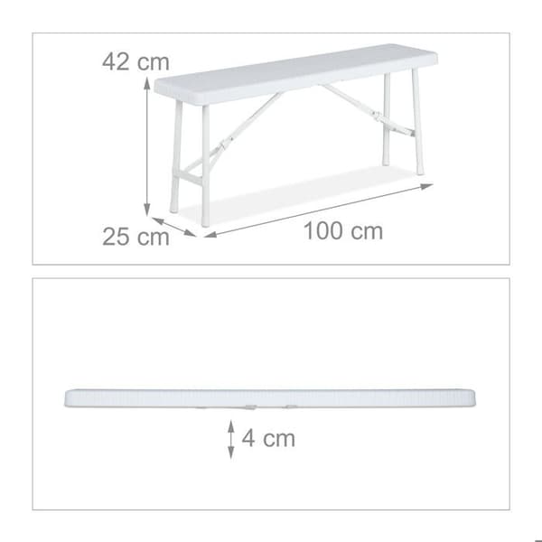 Relaxdays Fällbar bänk, praktiskt set om 2, terrass, trädgård, camping, plast, hopfällbar, HLP 42 x 100 x 25 cm, vit