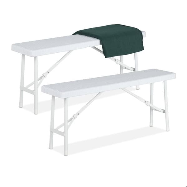 Relaxdays Fällbar bänk, praktiskt set om 2, terrass, trädgård, camping, plast, hopfällbar, HLP 42 x 100 x 25 cm, vit