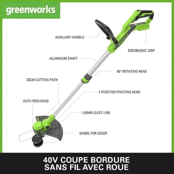 Grästrimmer - Greenworks - G40LT33 - 40V - Klippbredd 33 cm - Svängbart huvud 90°