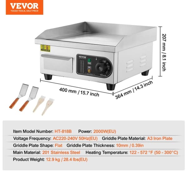 Elektrisk Bordgrill, 4400W Effekt, Non-Stick Kogesurface,2800W 18in