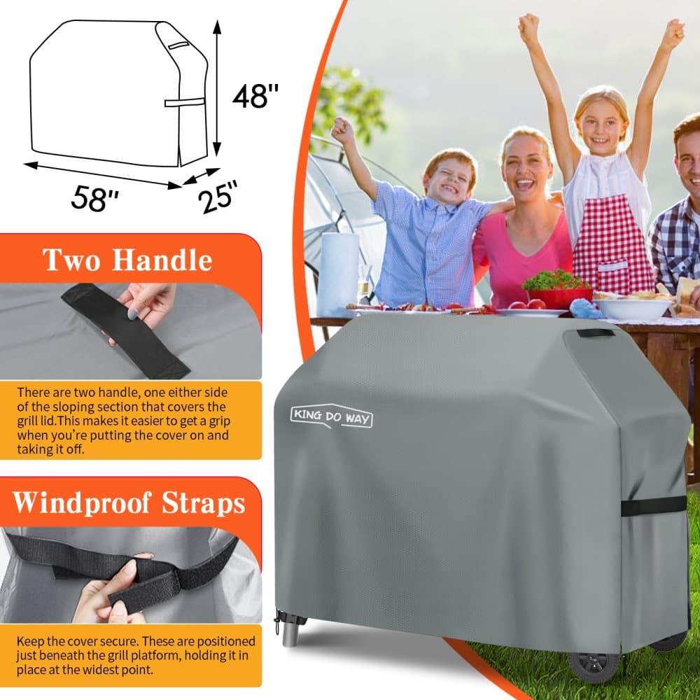 【KINGDOWAY】LifeGrillskyddHeavyDutyVattentättBBQGrillskyddmedhandtag,remmar,förvaringsväskavindtättspänneochkrympsnöre,147x61x122cm