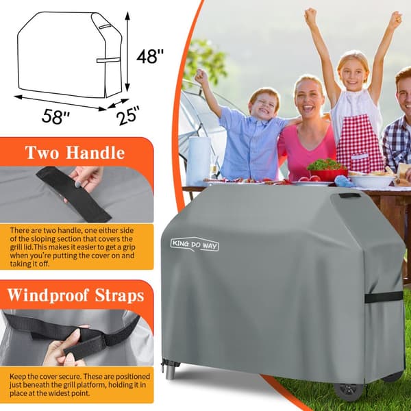 【KINGDOWAY】LifeGrillskyddHeavyDutyVattentättBBQGrillskyddmedhandtag,remmar,förvaringsväskavindtättspänneochkrympsnöre,147x61x122cm
