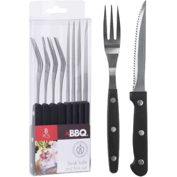 BBQ Steak knive og gafler 8 stykker rustfrit stål/sort