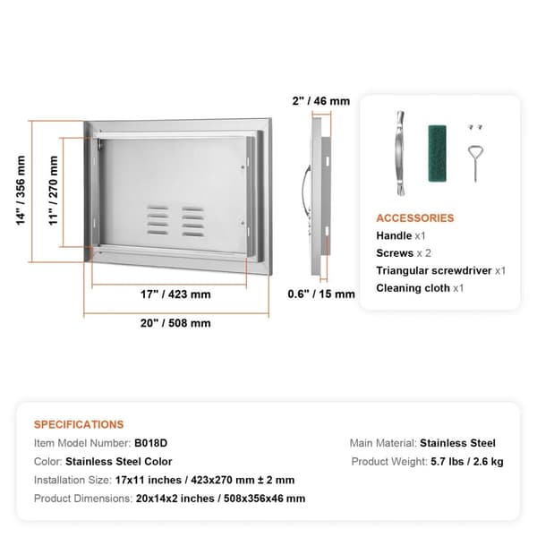 BBQ Adgangsdør, Rustfrit Stål Konstruktion, Indbygget Design,20X27 tommer