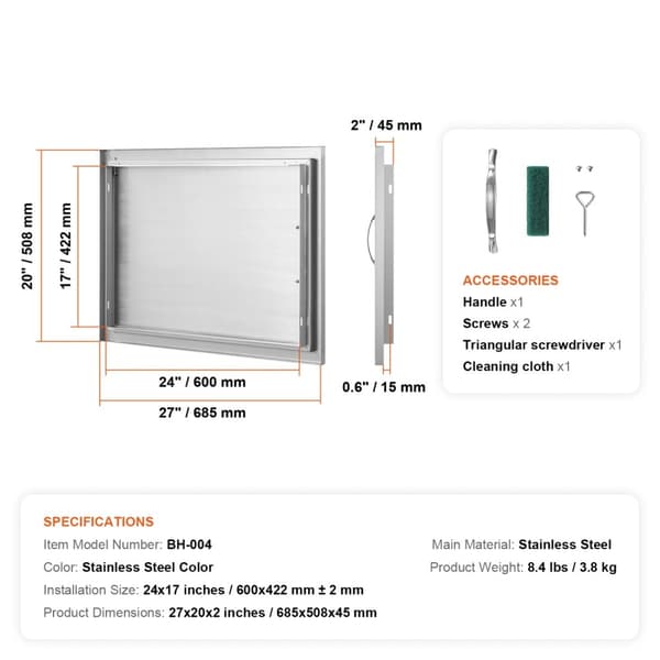 BBQ-pääsyovi, ruostumaton teräsrakenteinen, upotettu malli,20x27 tuumaa