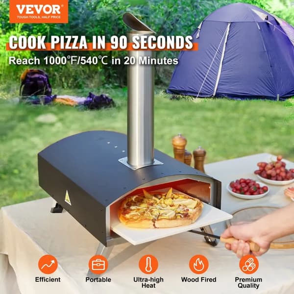 Udendørs Pizzaovn, 12-tommer madlavningsflade, høj temperatur 1000℉, hurtig bagetid ≤90 sekunder