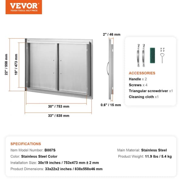 VEVOR BBQ Access Door, Rostfritt Stål, Infälld Design,33X22 tum