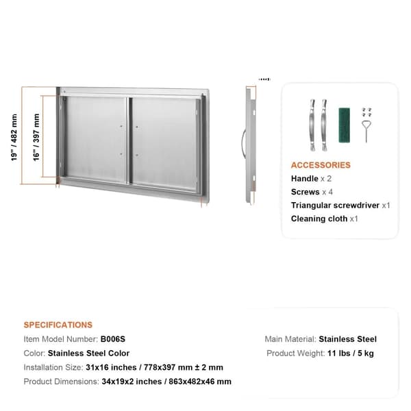 VEVOR BBQ Adgangsdør, Rustfrit Stål, Indbygget Design,34X19 tommer