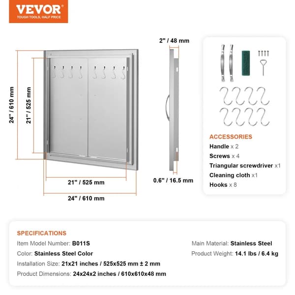 VEVOR BBQ -pääsyovi, ruostumaton teräs, upotettu muotoilu,24X24 tuumaa
