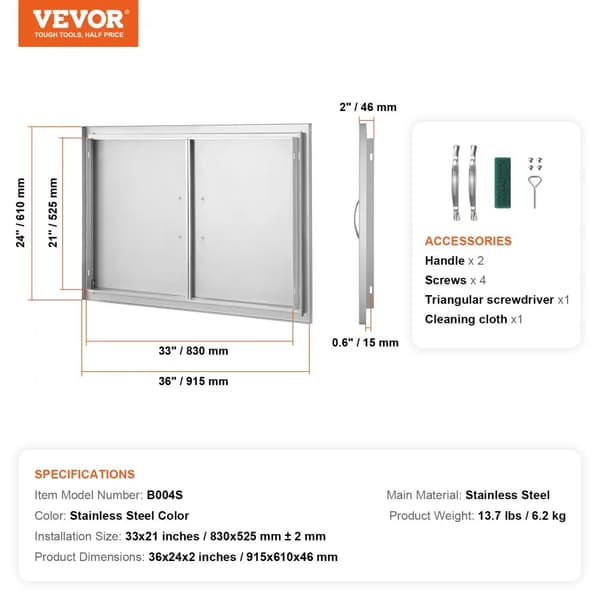 VEVOR BBQ -pääsyovi, ruostumaton teräs, upotettu muotoilu,36X24 tuumaa