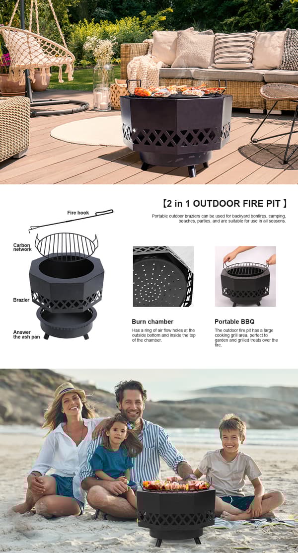 Vedeldad eldstad, mångsidig matlagningsgrill, bärbar design, hållbar konstruktion