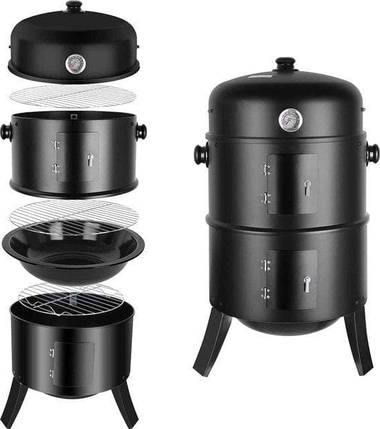 3 I 1 Barbecue - Kol BBQ - Rökningsugn med dörr - Grill och rökare - Modern rökare - Water Bowl - Fire spis - Grillar - Svart - 44,5 x 80 cm