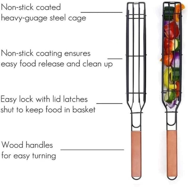 Återanvändbar Non Stick Grillkorg  med Trähandtag . Grillkorgar