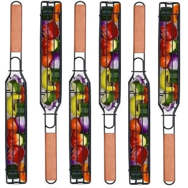 Återanvändbar Non Stick Grillkorg med Trähandtag . Grillkorgar