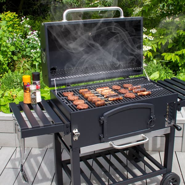 XXL BBQ Røggrill Kulgrill Bærbar Wheel Grill BBQ Grill Trolley Udendørs Madlavning Sort Rustfrit Stål Termometer Regnslag