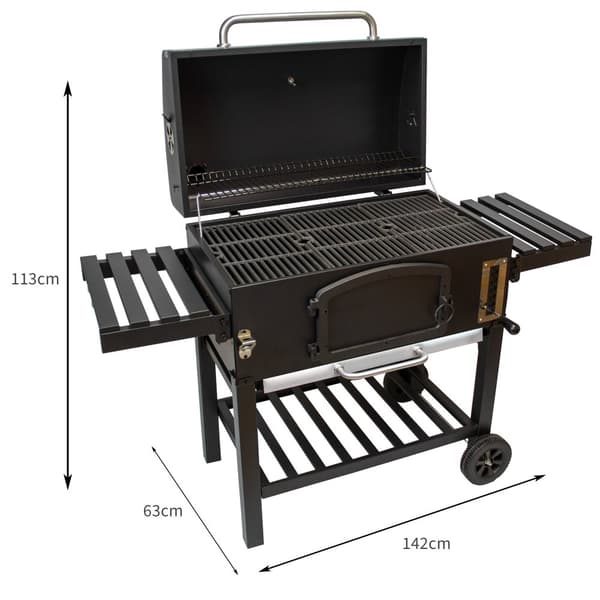 XXL BBQ Røggrill Kulgrill Bærbar Wheel Grill BBQ Grill Trolley Udendørs Madlavning Sort Rustfrit Stål Termometer Regnslag