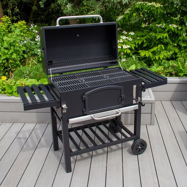 XXL BBQ Røggrill Kulgrill Bærbar Wheel Grill BBQ Grill Trolley Udendørs Madlavning Sort Rustfrit Stål Termometer Regnslag