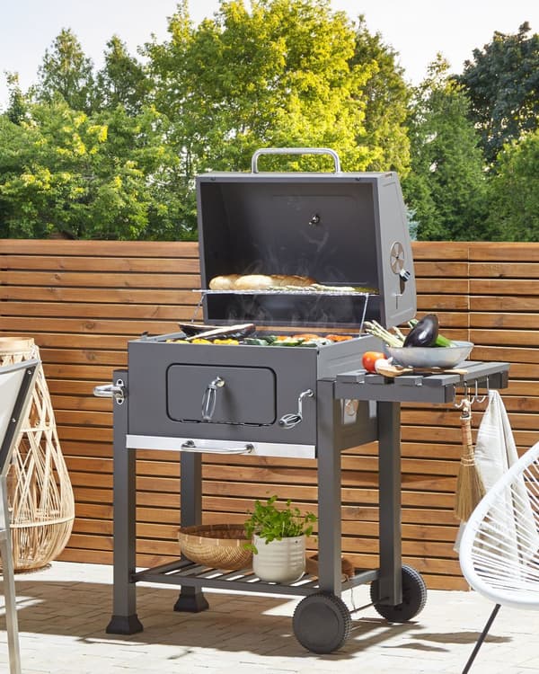 Kulgrill Grå Rustfrit Stål Låsbar med Dobbelt Rist og 2 Hylder Aftagelig Kulbakke