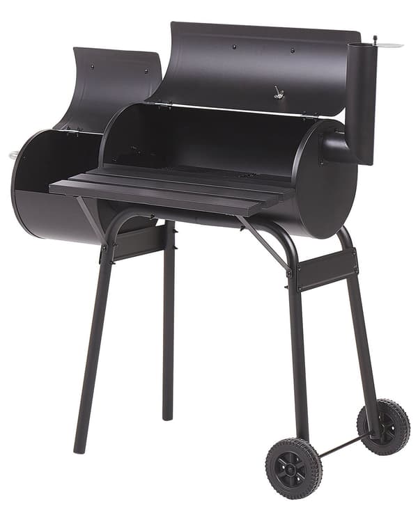 Hiiligrilli musta 115 x 113 x 54 cm savustin lämpömittari sivupöytä savupiippu
