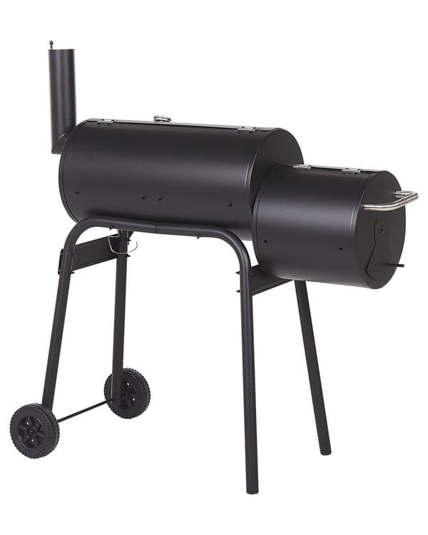Hiiligrilli musta 115 x 113 x 54 cm savustin lämpömittari sivupöytä savupiippu