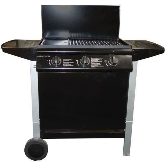 Blandad gasolgrill Grill + Plancha 3 brännare på vagn - Andaloucia emaljerat gjutjärn