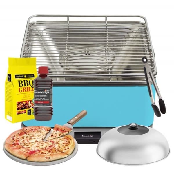 FEUERDESIGN-TEIDE Grill AZZURRO-KIT IGNITION GEL + CHARCOAL 3 kg + TÅNG + PIZZA STEN + KUPP
