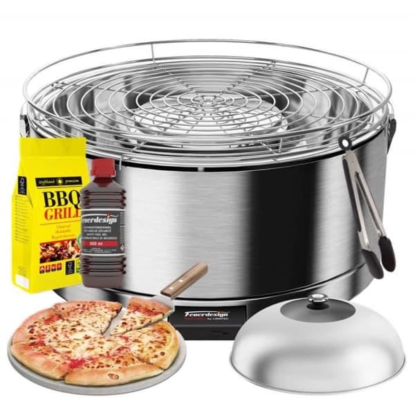 FEUERDESIGN-MAYON LIGHTING GEL KIT ROSTFRITT STÅLGALLER + KOL 3 Kg + TÅNG + PIZZA STEN + KUPPLAT