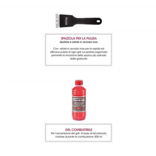 FEUERDESIGN-VESUVIO Grill RED-KIT IGNITION GEL + CHARCOAL 3 Kg + TÅNG + PIZZA STEN + KUPP + STEEKPANA + BORSTE