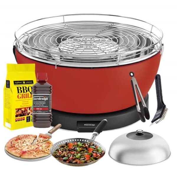 FEUERDESIGN-VESUVIO Grill RED-KIT IGNITION GEL + CHARCOAL 3 Kg + TÅNG + PIZZA STEN + KUPP + STEEKPANA + BORSTE