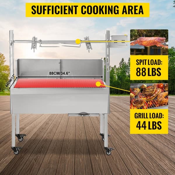 25W 4 rpm 2-i-1 automatiskt roterande elektrisk grill med baffel och låsbara hjul, stor kokplats, justerbar spettlängd, lätt att flytta/rengöra