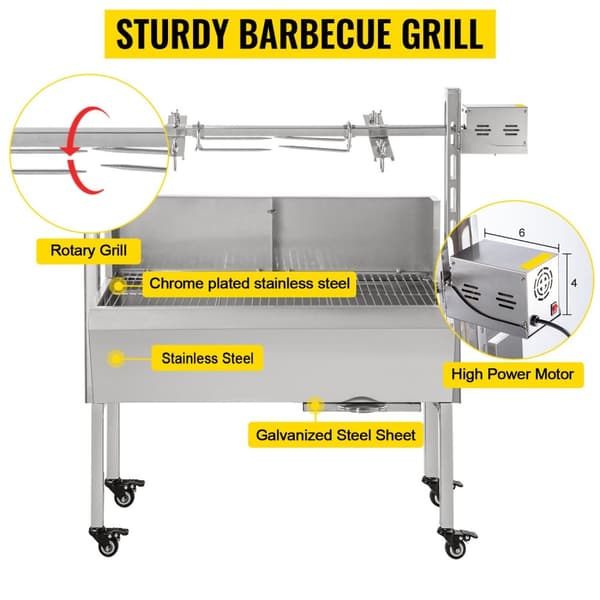 25W 4 rpm 2-i-1 automatiskt roterande elektrisk grill med baffel och låsbara hjul, stor kokplats, justerbar spettlängd, lätt att flytta/rengöra