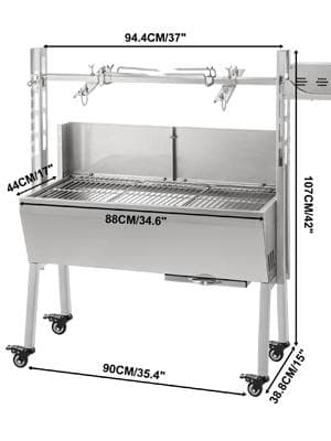 25W 4 rpm 2-i-1 automatiskt roterande elektrisk grill med baffel och låsbara hjul, stor kokplats, justerbar spettlängd, lätt att flytta/rengöra