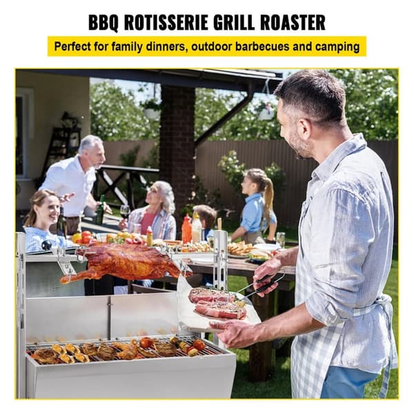 25W 4 rpm 2-i-1 automatiskt roterande elektrisk grill med baffel och låsbara hjul, stor kokplats, justerbar spettlängd, lätt att flytta/rengöra
