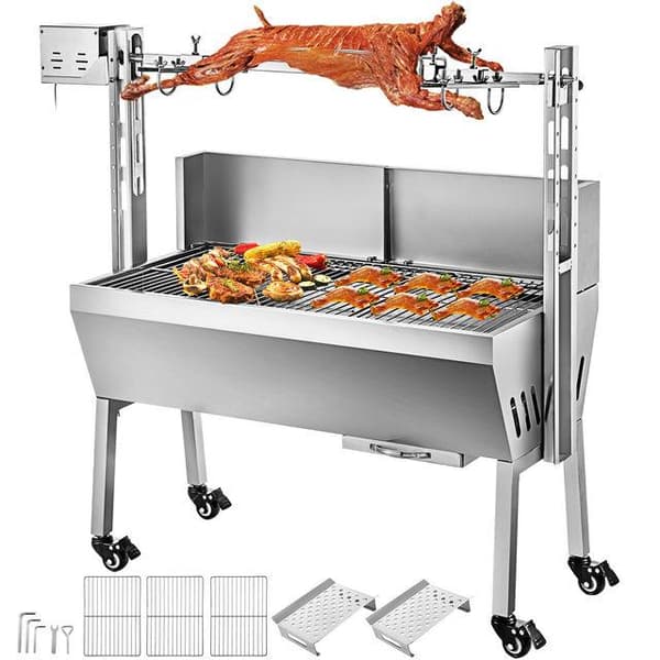 25W 4 rpm 2-i-1 automatiskt roterande elektrisk grill med baffel och låsbara hjul, stor kokplats, justerbar spettlängd, lätt att flytta/rengöra